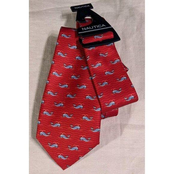 Nautica Whale Tie Red Preppy Pattern Graphic Nerd Nautical Necktie Fun 58" x 3" - Picture 10 of 14